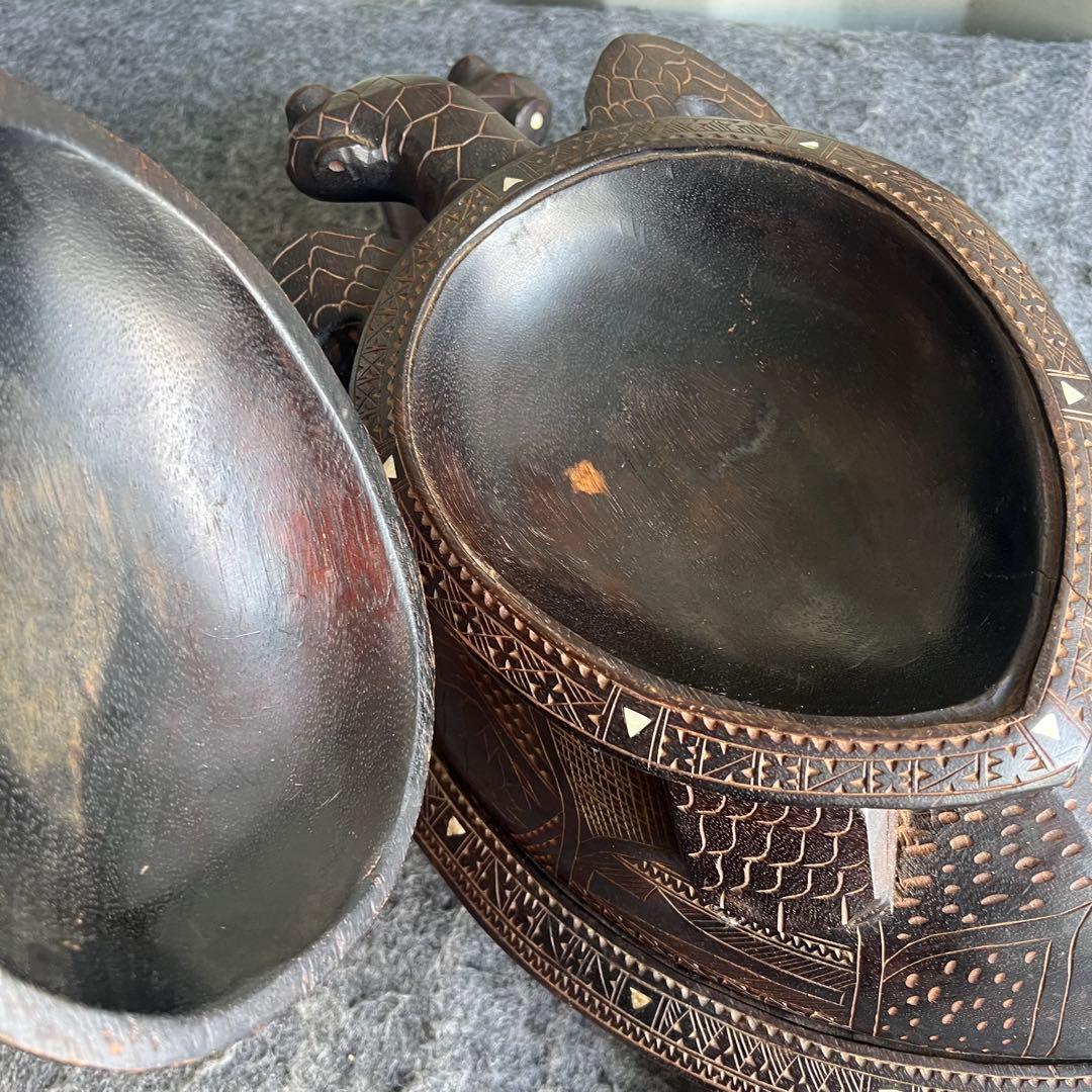 IG68 希少品✨ 亀 木製 小物入れ 縁起物 インテリア 2段 甲羅 レア