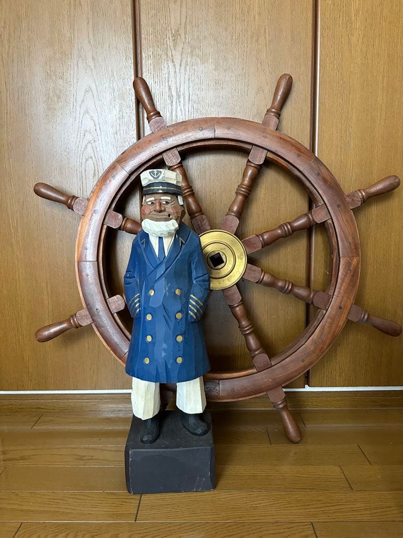 木彫り海賊人形６体セット　90センチ舵輪付き　60センチ