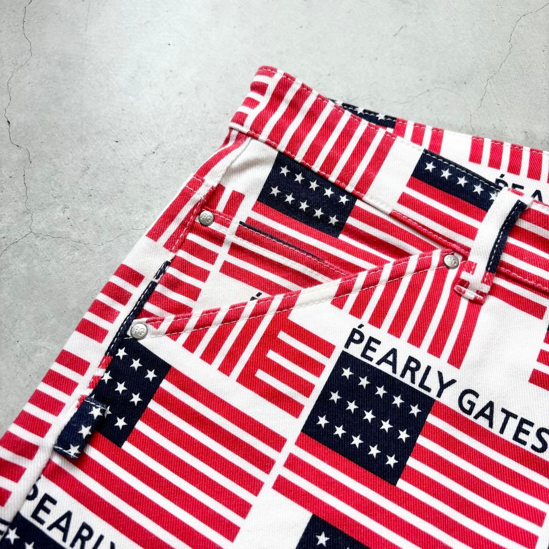 【美品】PEARLY GATES 星条旗 総柄 ストレッチロングパンツ ロゴ刺繍