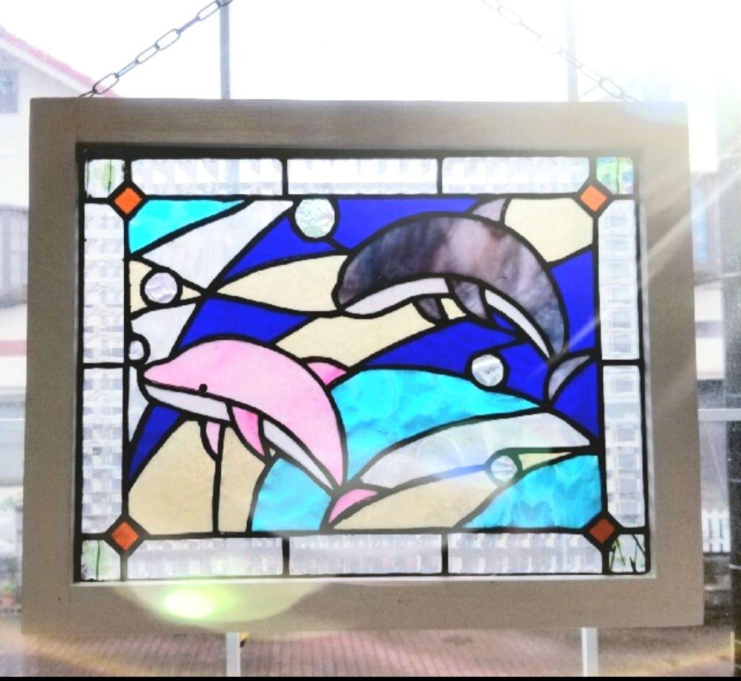 ステンドグラス　2色イルカのパネル(スタンド付)