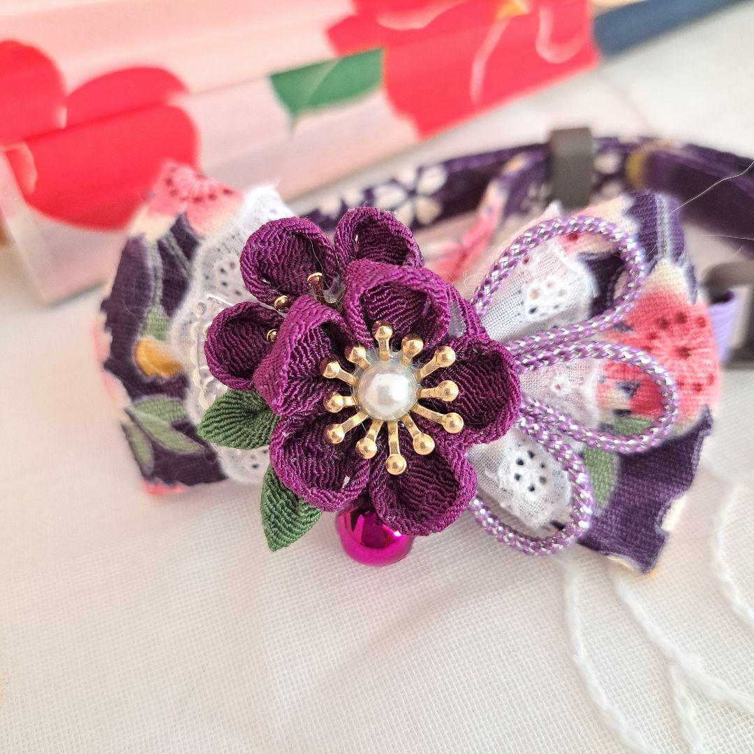 つまみ細工シングルリボン(濃紫)わんちゃん猫ちゃん用首輪