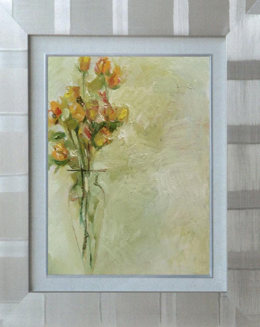 油絵 菅家令子 絵画インテリア 額付(青緑＋金色の枠) uF6-113402ばら