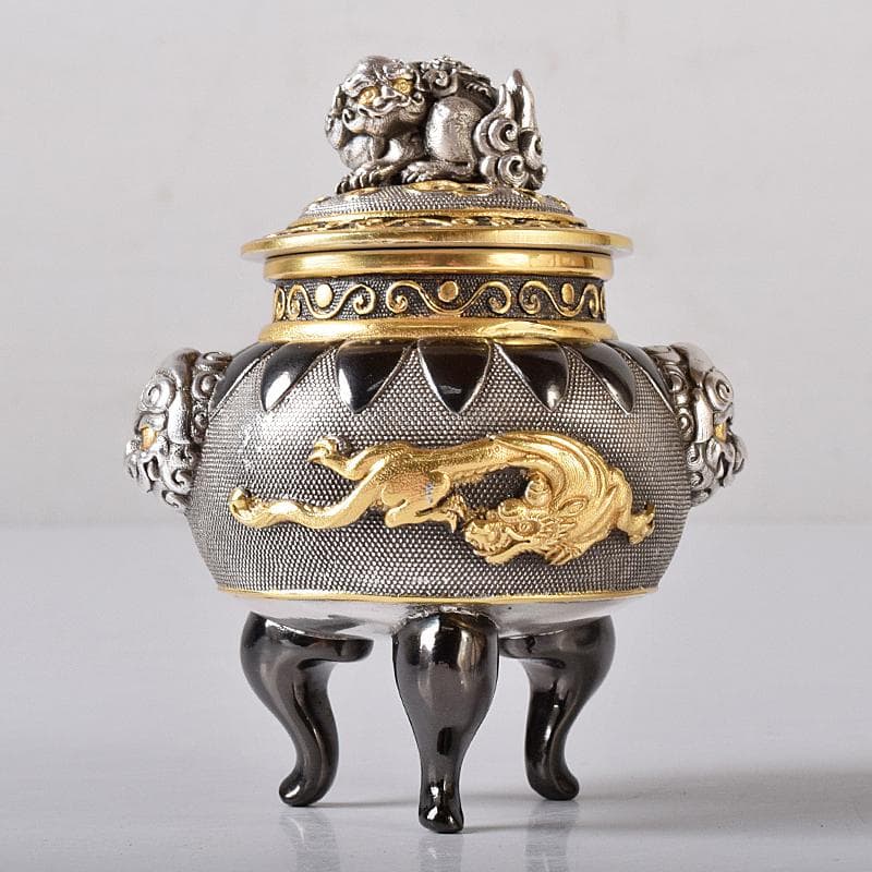 専用　高岡銅器　八代住　釘谷洞石作銀製獅子龍香炉約260g　共箱　L　R8429