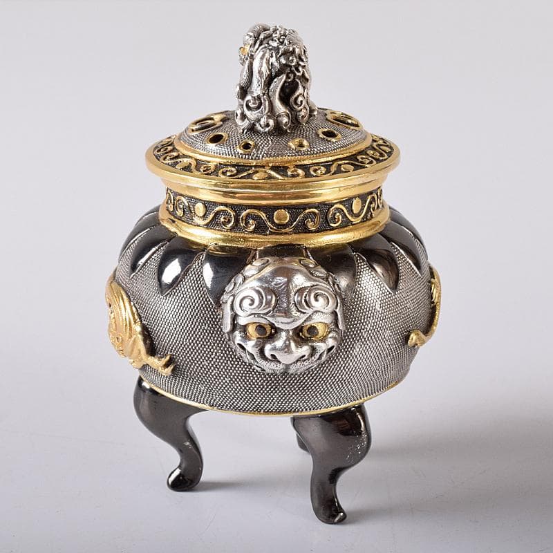 専用　高岡銅器　八代住　釘谷洞石作銀製獅子龍香炉約260g　共箱　L　R8429