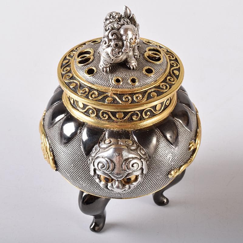 専用　高岡銅器　八代住　釘谷洞石作銀製獅子龍香炉約260g　共箱　L　R8429