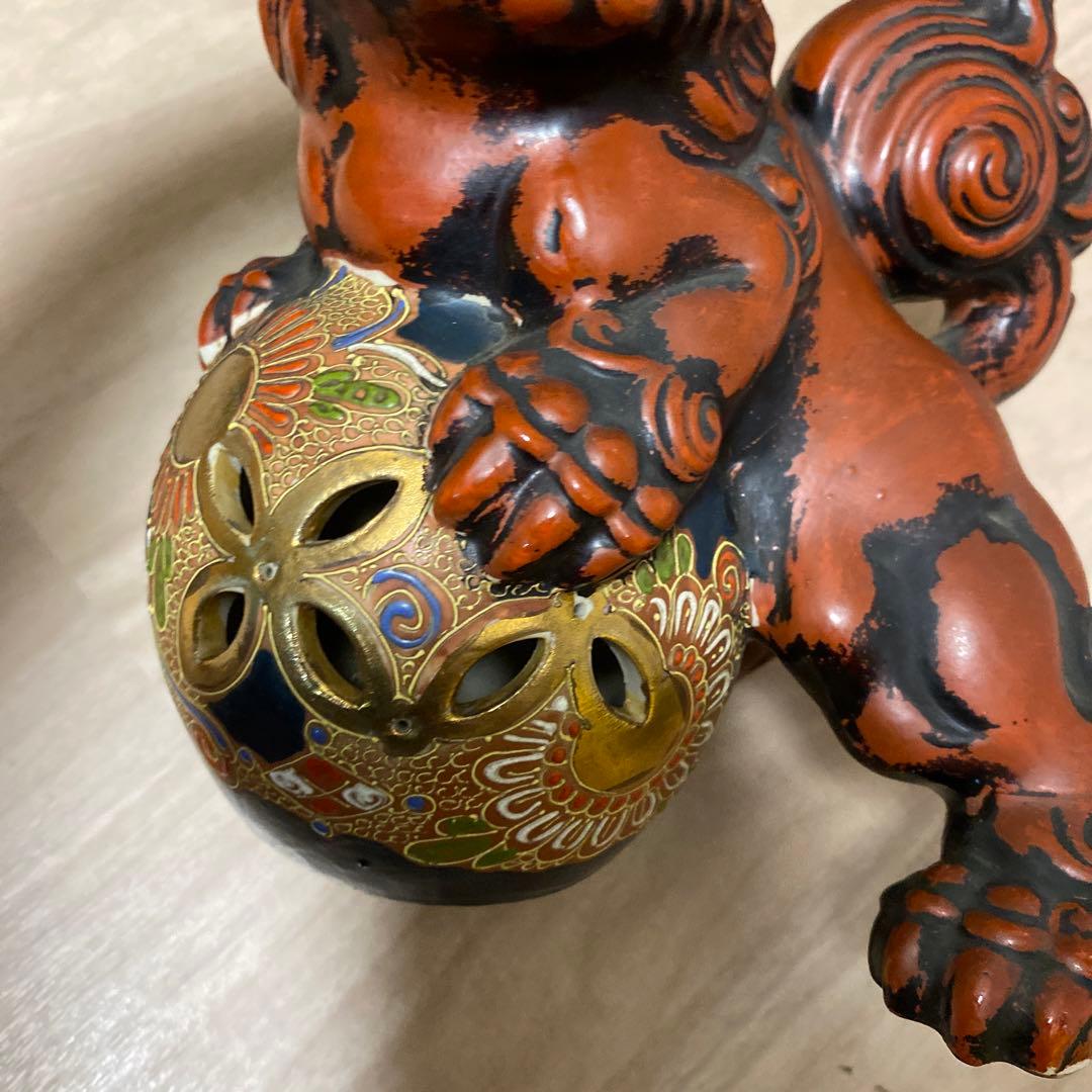 ■九谷 玉乗り獅子/九谷焼 玉獅子 判　九谷 獅子 赤獅子 古董縁起物 置物