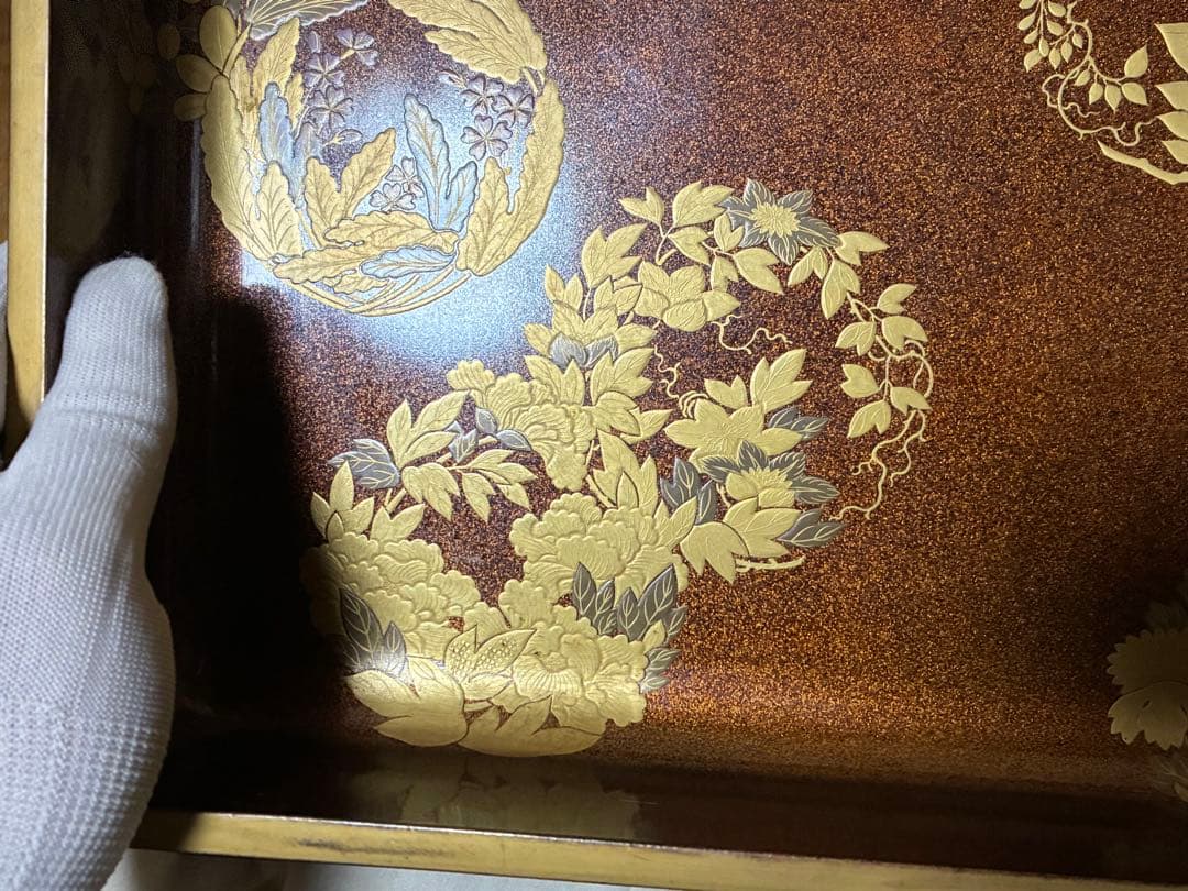 漆器 金箔 唐草紋 蒔絵 梨地 四角盆 時代物 木箱入