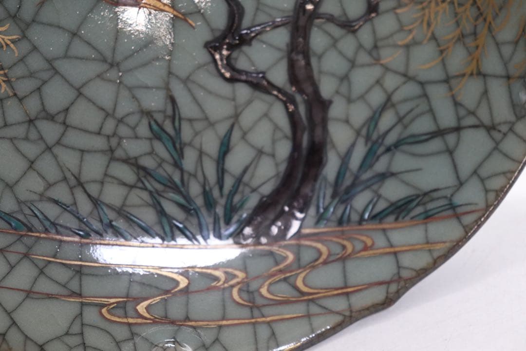 時代　ヒビ焼　水鳥紋大皿　アンティーク　送料込み250927