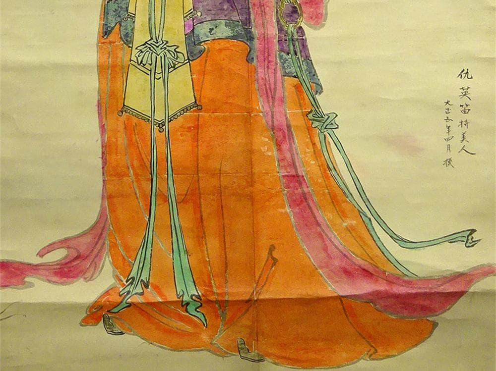 【模写】大幅掛軸 仇英『笛持美人図』中国画 紙本 肉筆 掛け軸 a010914