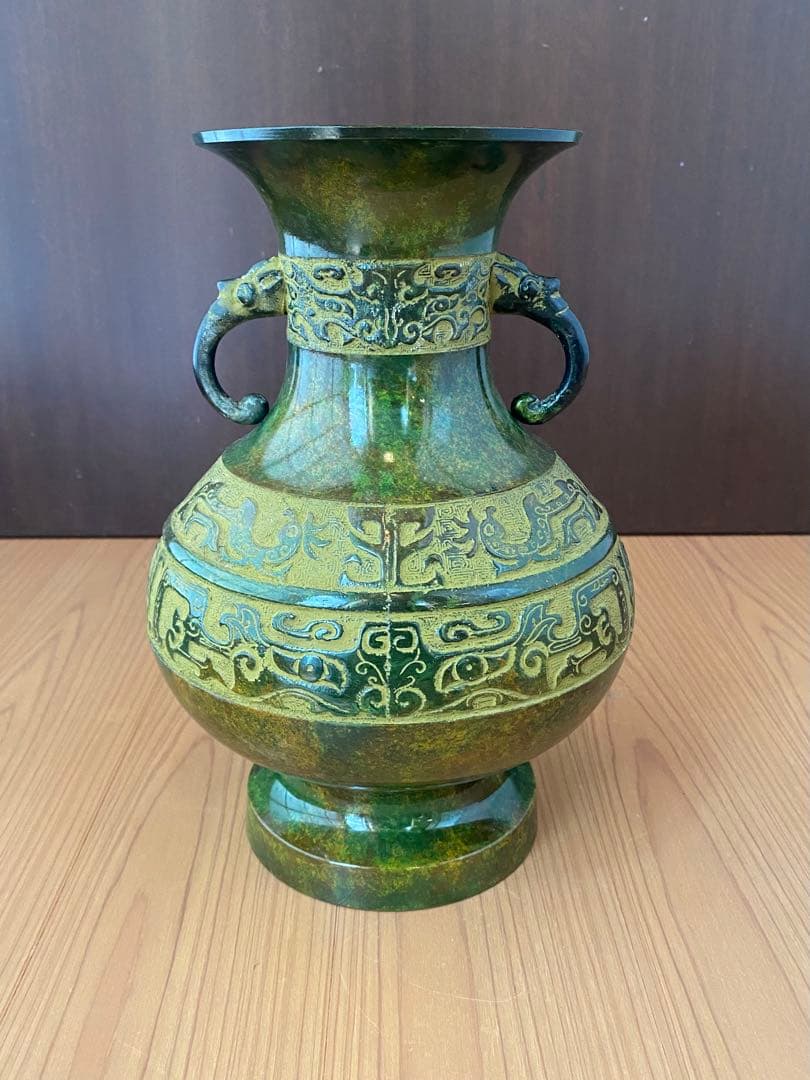 青銅 饕餮文 双耳 花瓶 越峰作 高岡銅器 未使用保管品