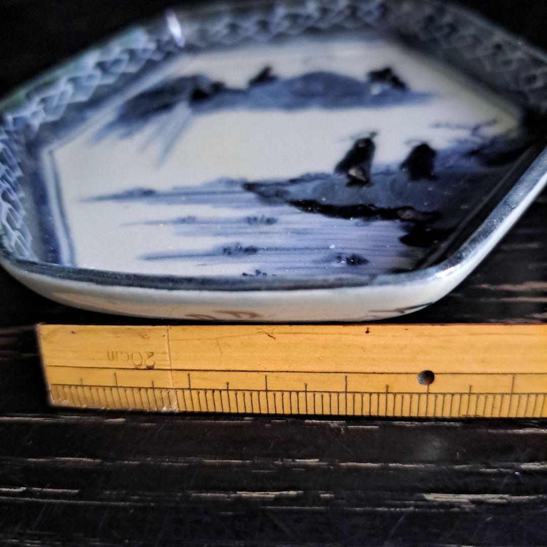 江戸初期　呉須　六角型　　豆皿　超極上　山水人物 月夜のウサギ図　１客　完品に近