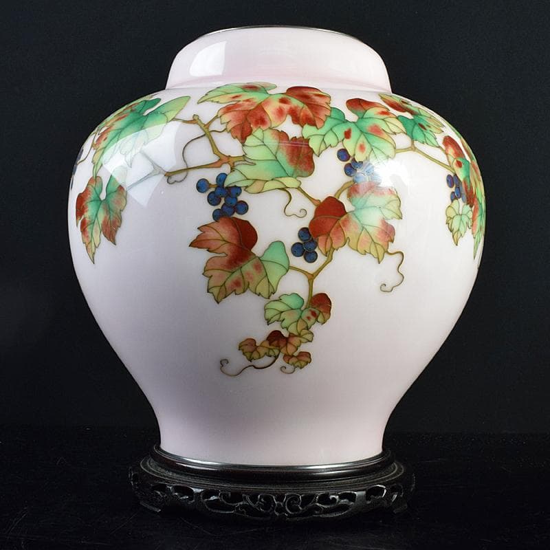 AAA安藤七宝店純銀刻印　桜釉　葡萄文瓶　唐木台・木箱付　H　R8810B