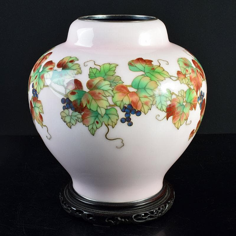 AAA安藤七宝店純銀刻印　桜釉　葡萄文瓶　唐木台・木箱付　H　R8810B