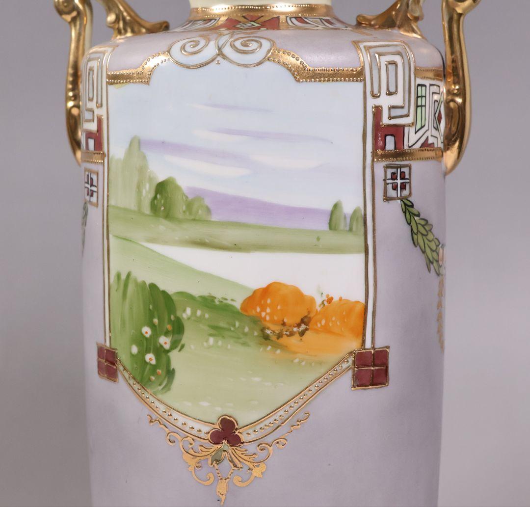 【CM318】オールドノリタケ パネル風景 耳付 花瓶 金彩 金盛 明治