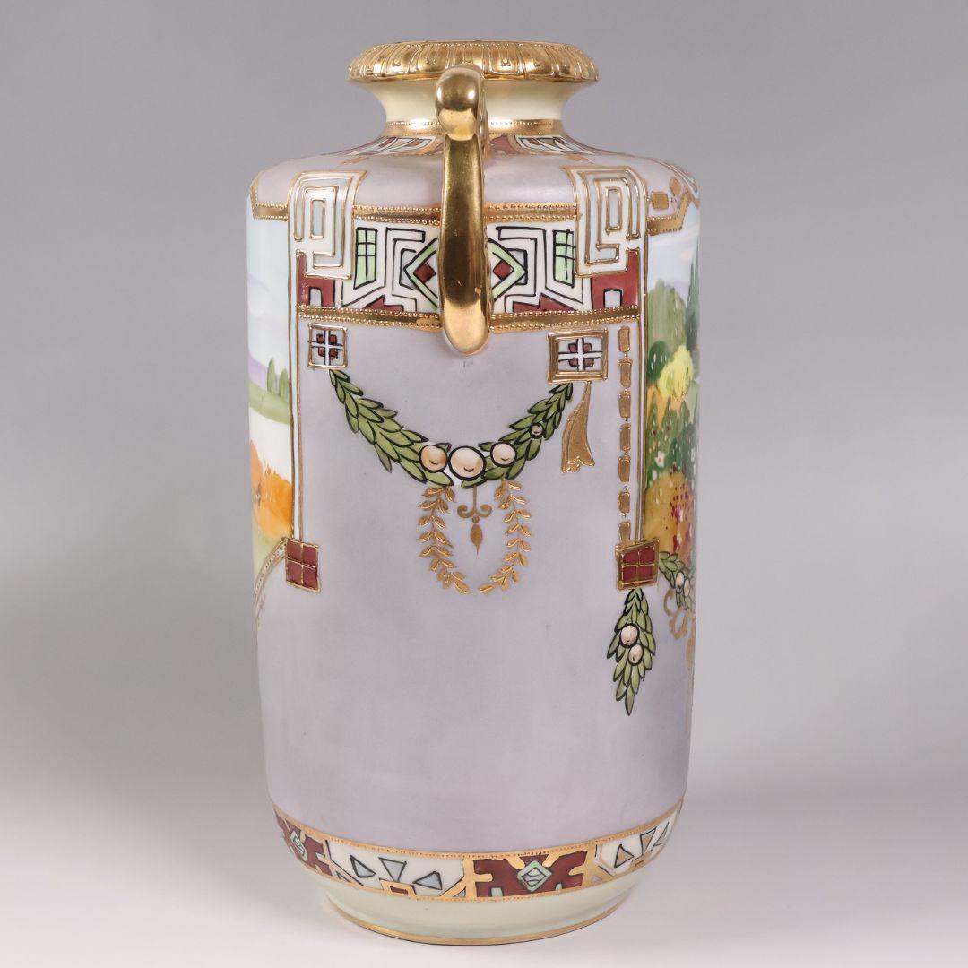 【CM318】オールドノリタケ パネル風景 耳付 花瓶 金彩 金盛 明治