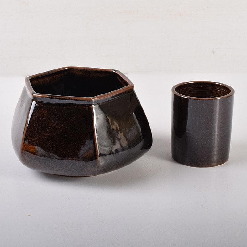 茶道具　膳所焼　陽炎園造　淡海ぜぜ　六角建水　花入　共箱　C　7090