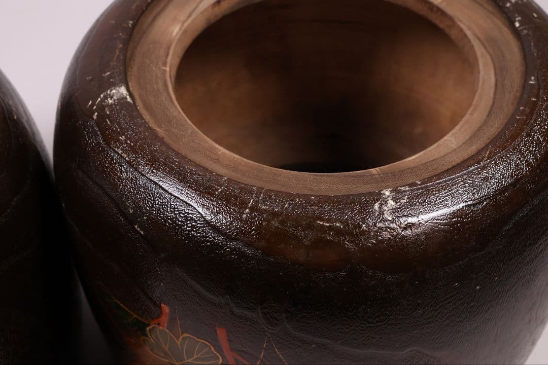 桐火鉢一対 菊蒔絵 草花 木箱入り 手あぶり 古民具 漆芸 茶道具【MB55】