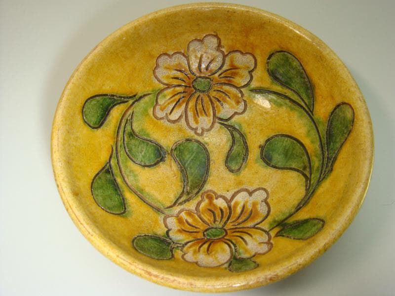 鉢■古い中国の花紋黄釉薬碗 菓子鉢 土物 丸鉢 古玩 唐物 中国 時代物 骨董■