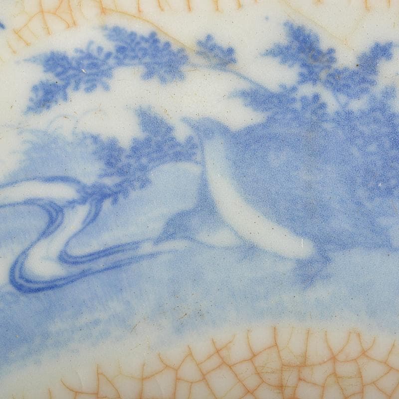 中国　乾隆年製款　哥窯　青花　漢詩鳥草龍氷裂文盤　皿　時代箱付　M　R6365