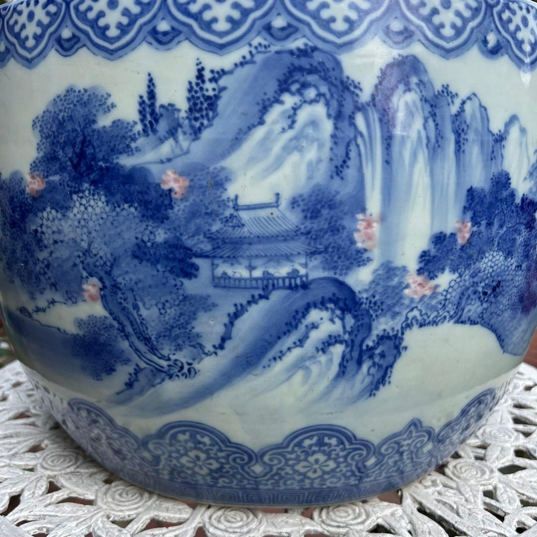 中国骨董50年以上旧蔵唐物 染付手絵山水紋大鉢 火鉢、金魚鉢、睡蓮鉢、水槽に兼用
