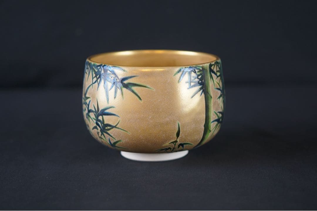 九谷窯 名工 長谷川翠光 作 金彩 竹絵 茶碗 共箱 茶道具