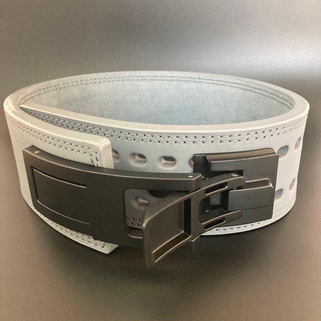 訳あり パワーベルト レバーアクション 本革 グレー×マット黒 ワンタッチ可変式
