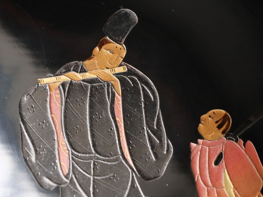 【MB196】輪島塗 天然木漆塗 黒塗椀 三客 蒔絵 大和絵 源氏絵 人物 昭和