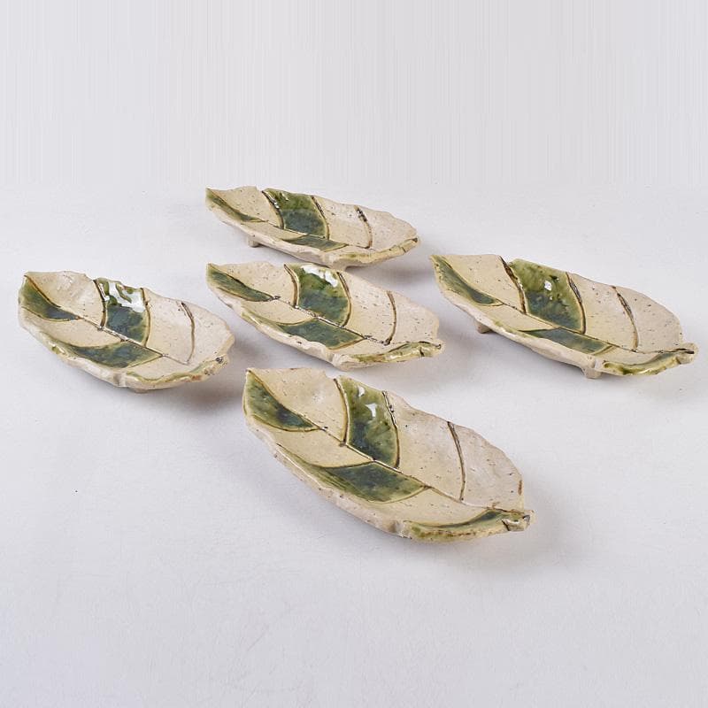 北大路魯山人作　織部焼　木之葉皿　五客　共箱　U　R8974