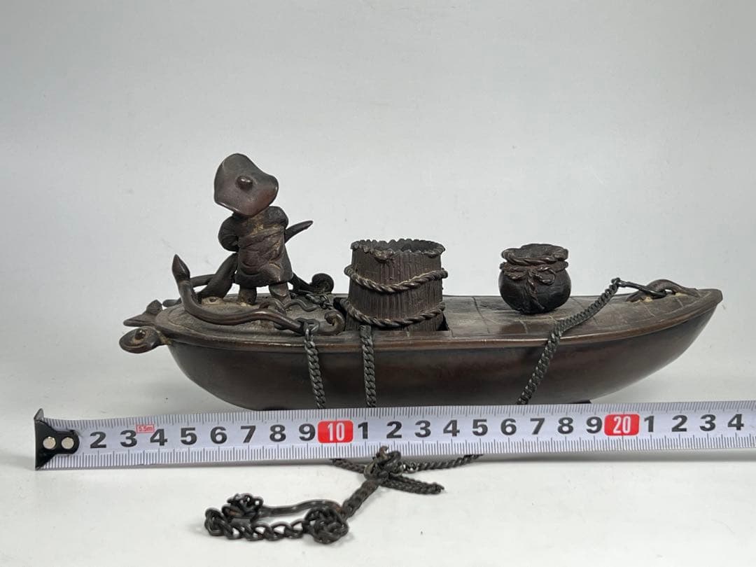 極上 古銅製舟形吊香炉　重さ:975g