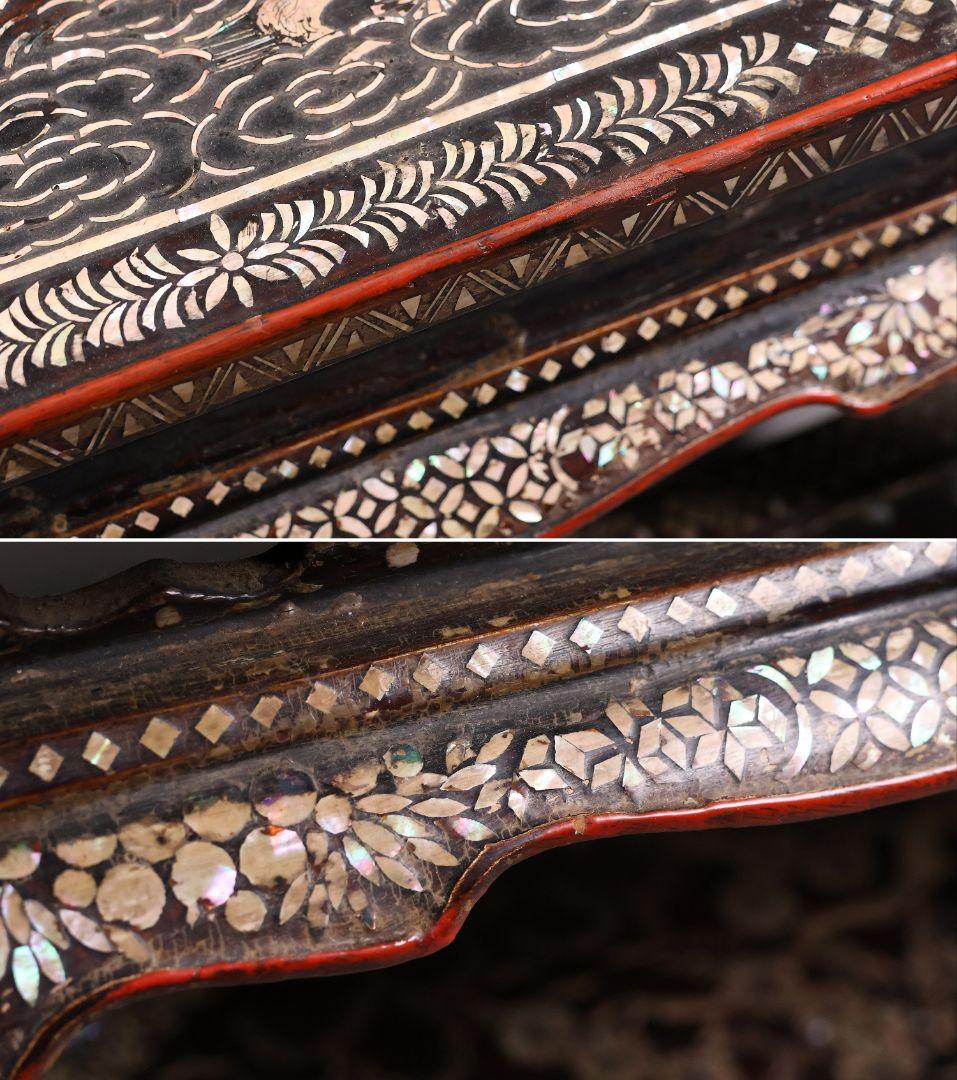 【MA732】時代 中国美術 人物文 螺鈿細工 二段卓 花台 木製 香炉台