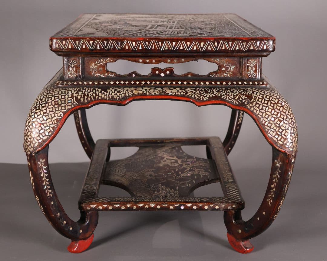 【MA732】時代 中国美術 人物文 螺鈿細工 二段卓 花台 木製 香炉台