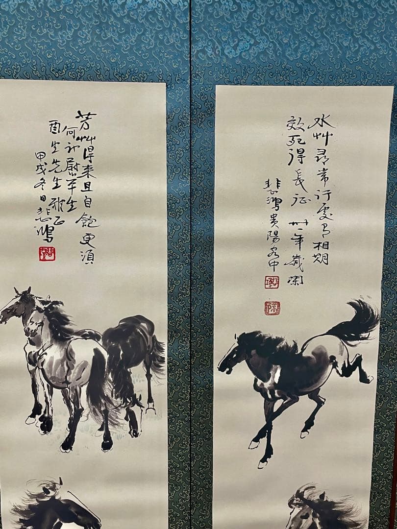 中国美術品・名家手描き駿馬彩畫4條塀掛軸・水彩畫・徐悲鴻印款・肉筆・掛軸　証書付