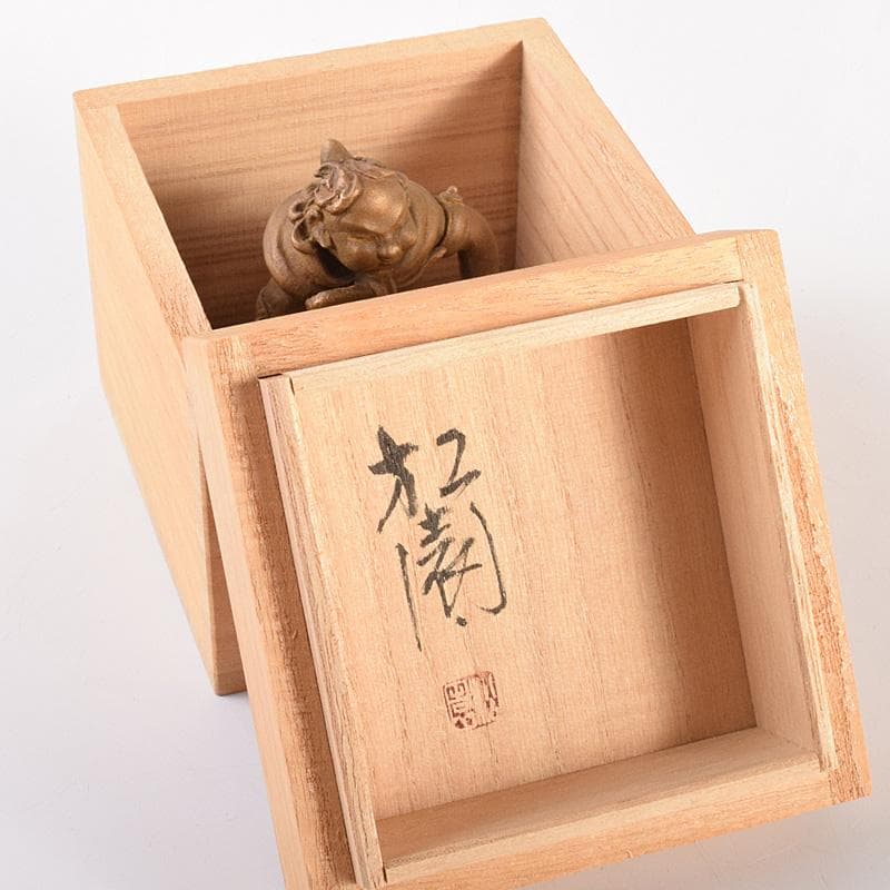高岡銅器　二代　須賀松園造　蝋型鋳銅　「稚児雷神」　共布共箱　V　R7549