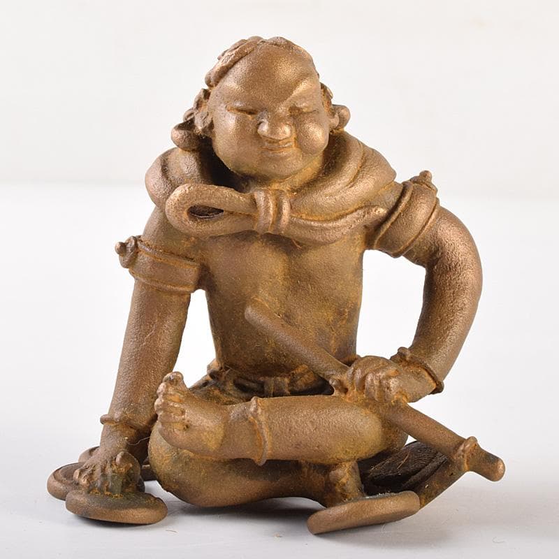 高岡銅器　二代　須賀松園造　蝋型鋳銅　「稚児雷神」　共布共箱　V　R7549