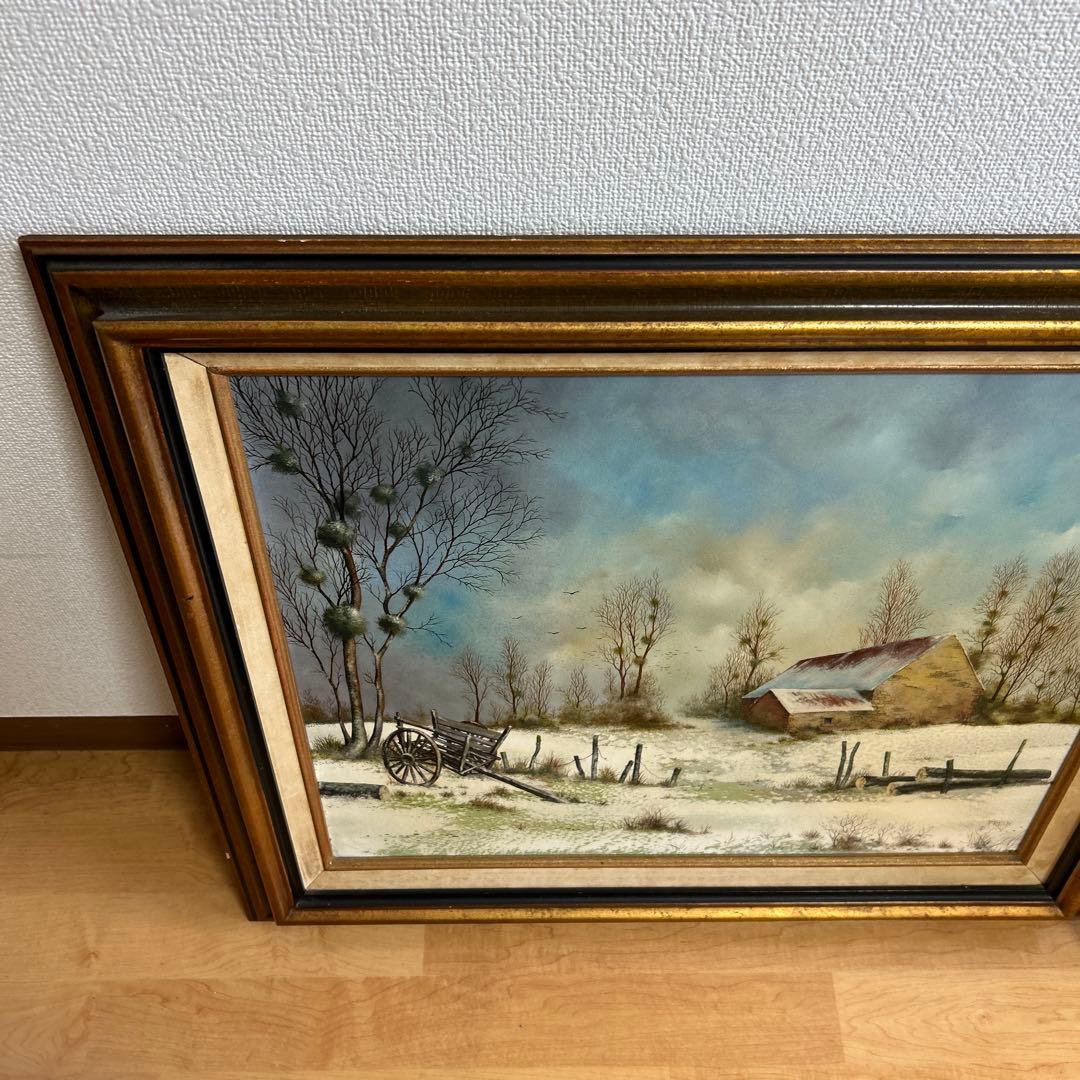 P. Preux 冬の風景 油彩画 金色フレーム付き