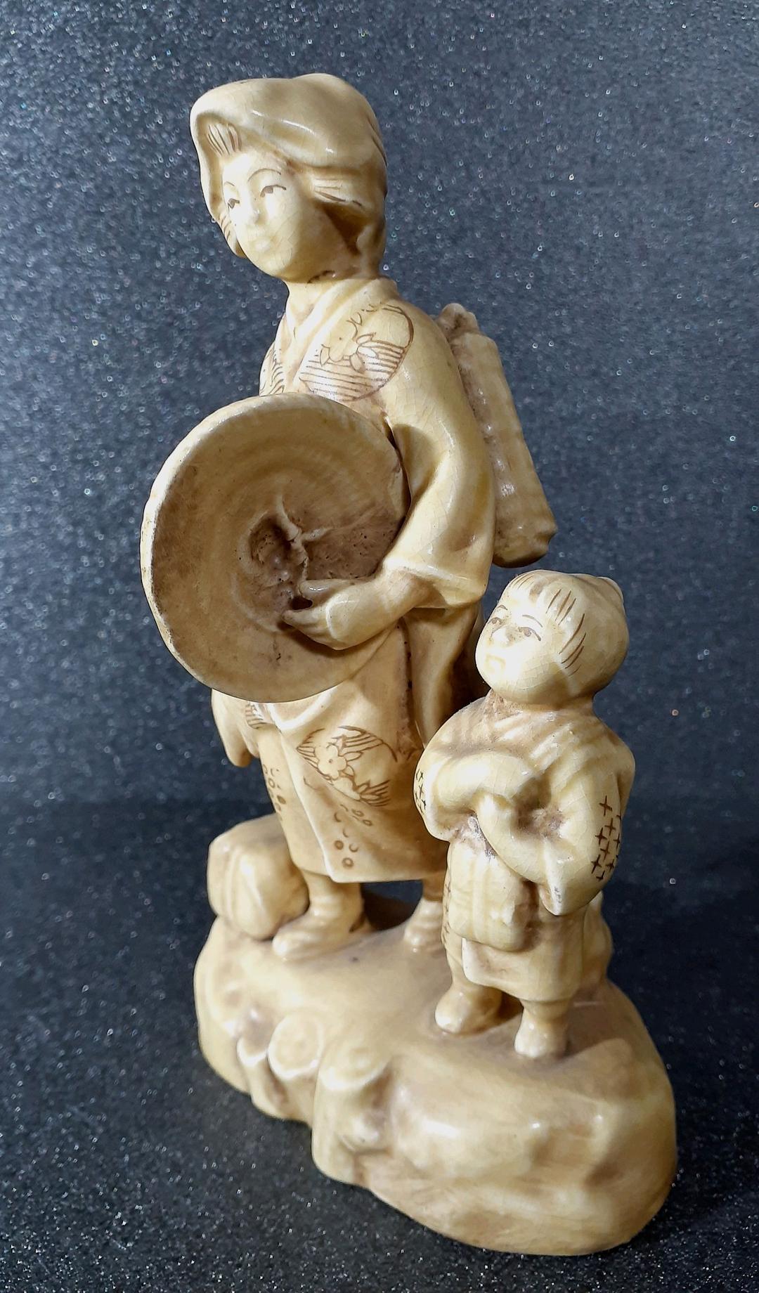 【希少価値】オキュパイドジャパン　瀬栄陶器　守山工場　旅する親子　人形　輸出里帰