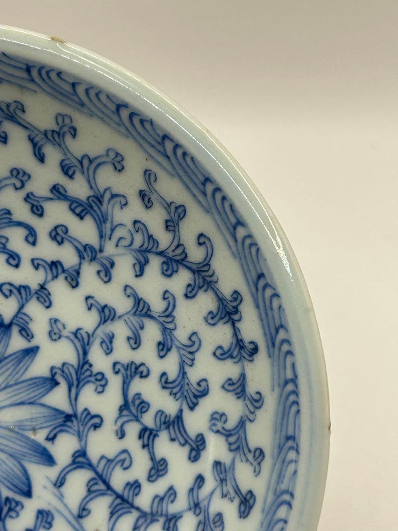 中国　清時代　染付蓮紋高台皿　アンティーク　送料込み0925