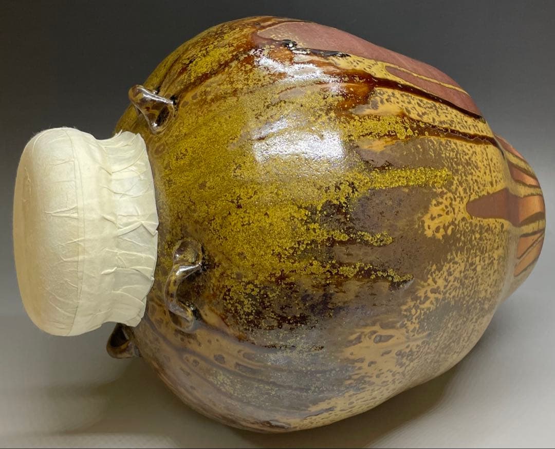 石田陶春　丹波 茶壺　飴釉　飾壺　茶道具　共箱　栞等　LW573