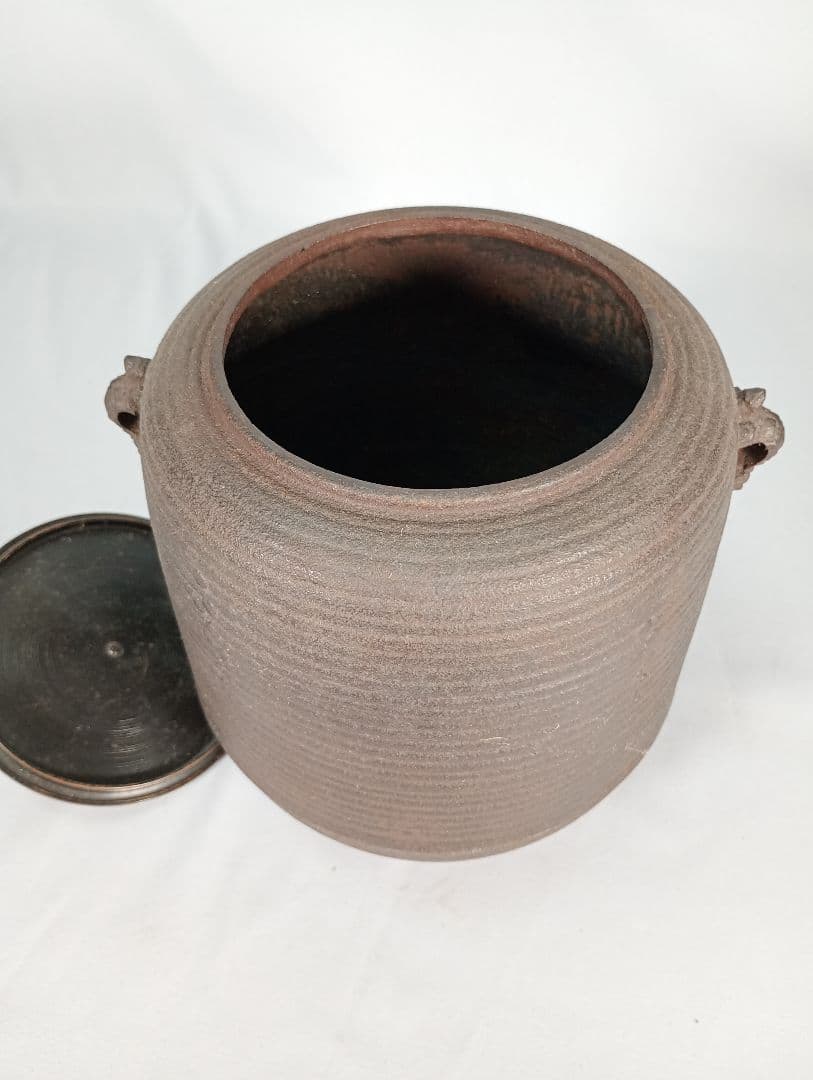 【茶道具】亀甲耳千筋筒釜　金森紹栄造　茶釜　釜370