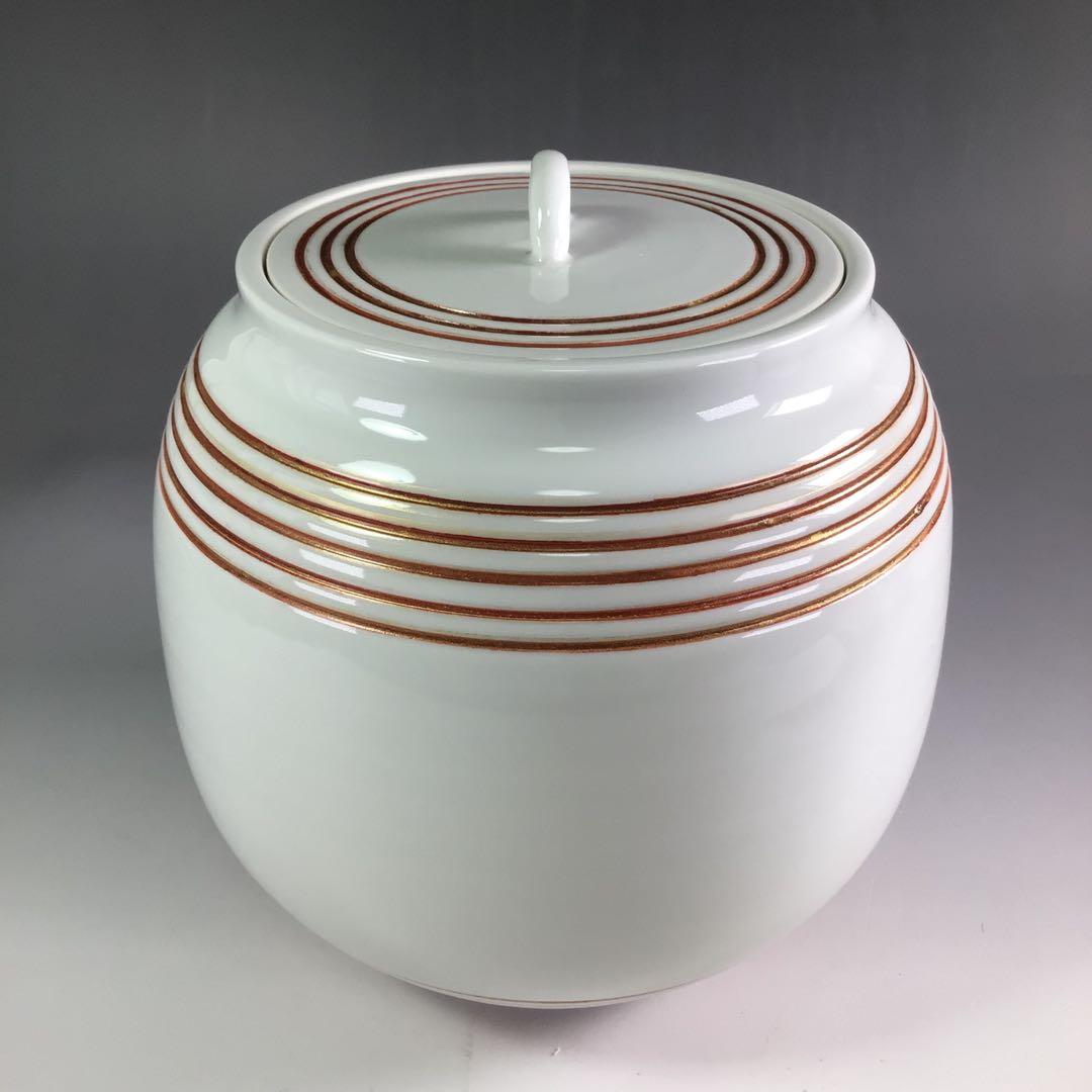 Ｒ７１４　水指　『石崎光四郎造』『而妙斎　書付』『色絵金彩線文』　共箱　茶道具