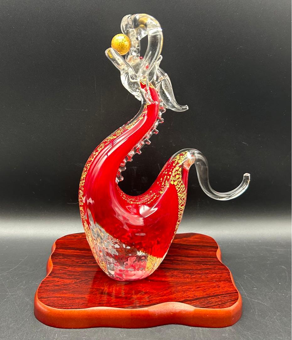 【希少】紅龍 博多びーどろ粋工房 安部朝和作 ガラス 置物 龍 干支 びーどろ