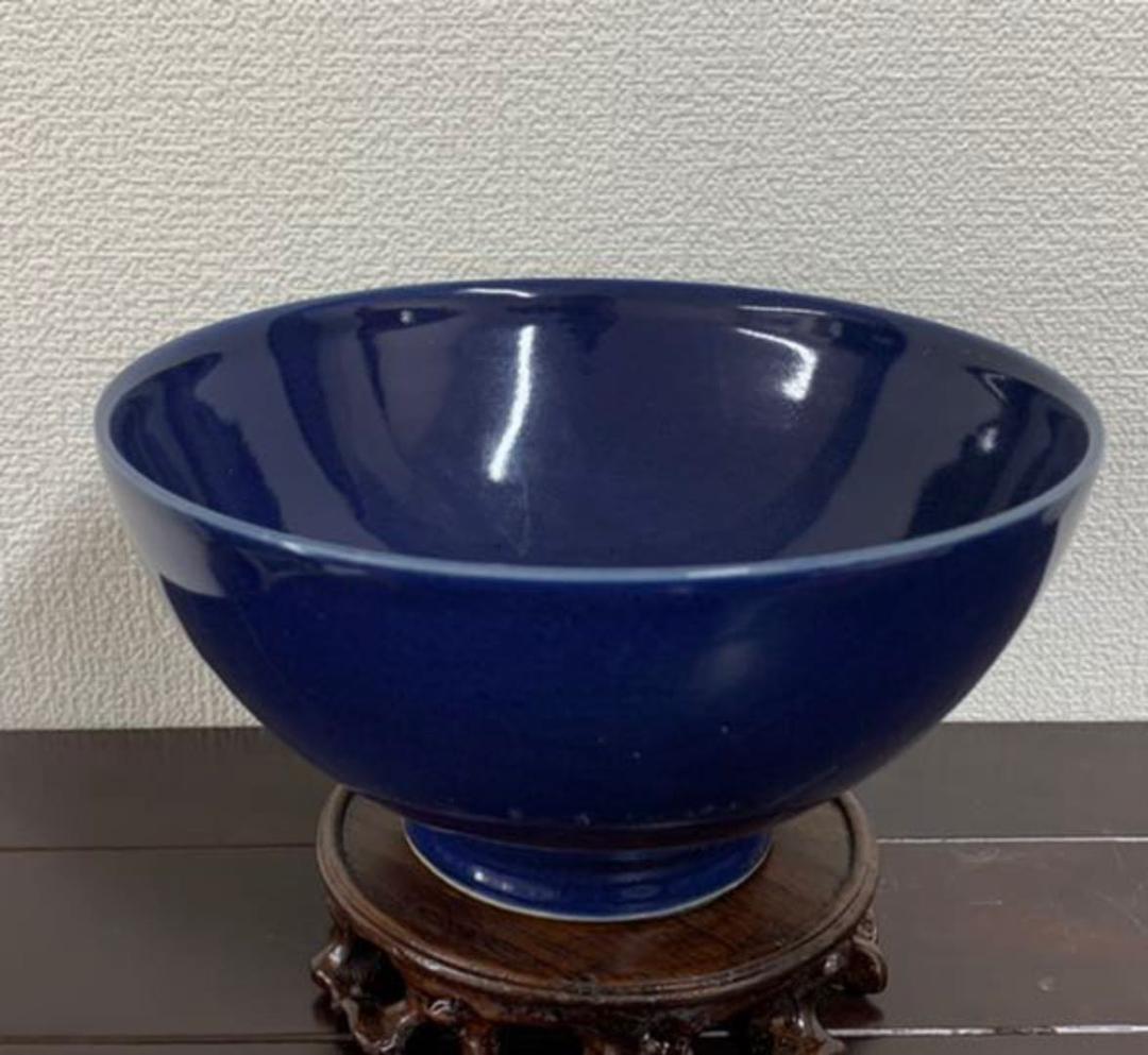 中国古美術　清時代霁蓝釉茶碗 XG3-2