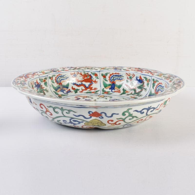 中国　大明萬暦年製　五彩龍鳳凰文　輪花鉢　大皿　直径約40㎝　V　R7860C