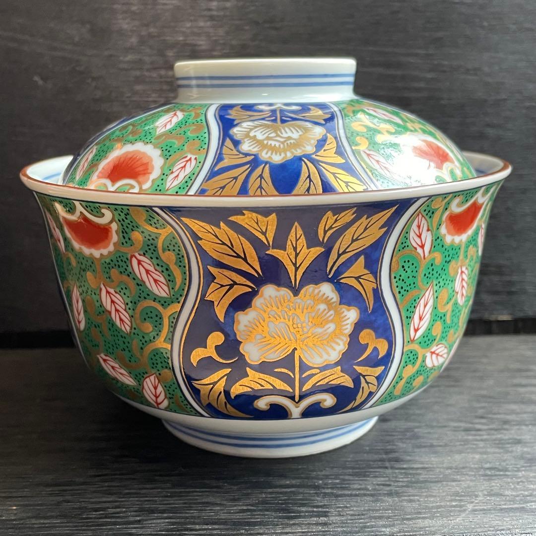 【未使用】前畑陶器 庫山窯 緑金唐草 御碗揃 蓋付 5客 小丼碗 【廃盤品】