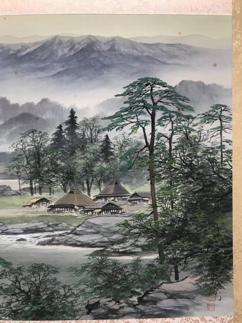 【真作】百瀬徳三郎/青緑山村図/山水図/横物/掛軸/名家伝来/AC-156