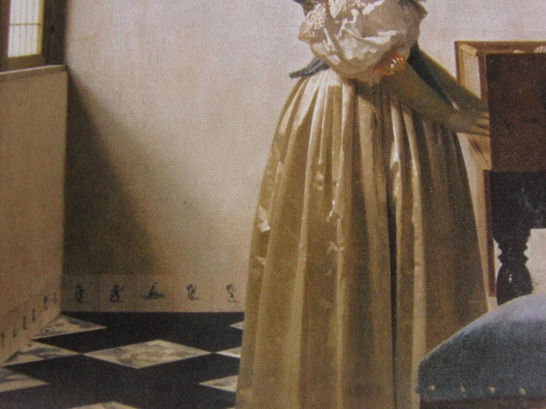 ヨハネス・フェルメール、「ヴァージナルの前に立つ女」、希少な画集の額装画