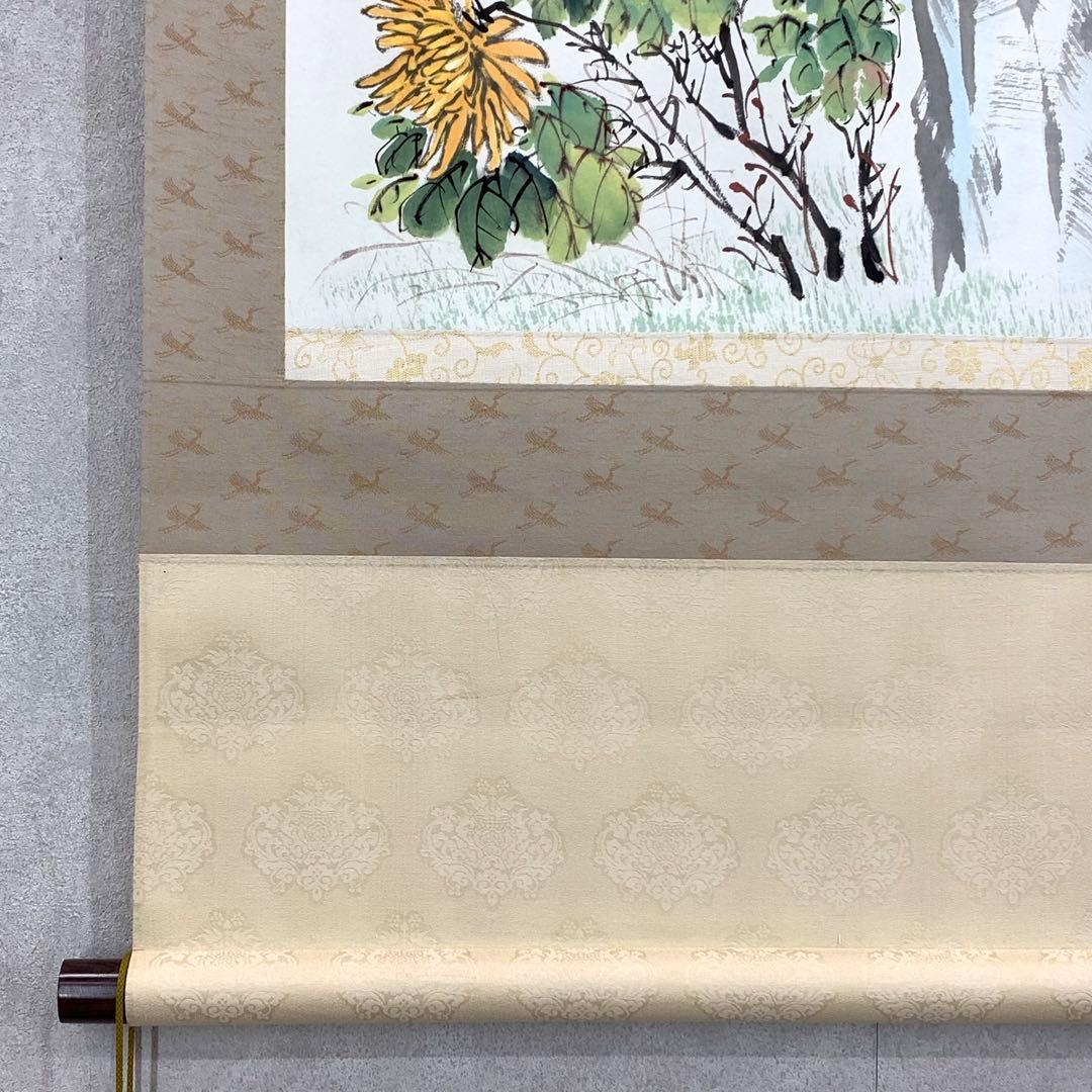 掛軸 簡大神 秋菊 紙箱 画賛 書 花鳥図 秋 小禽 紅葉 7-9