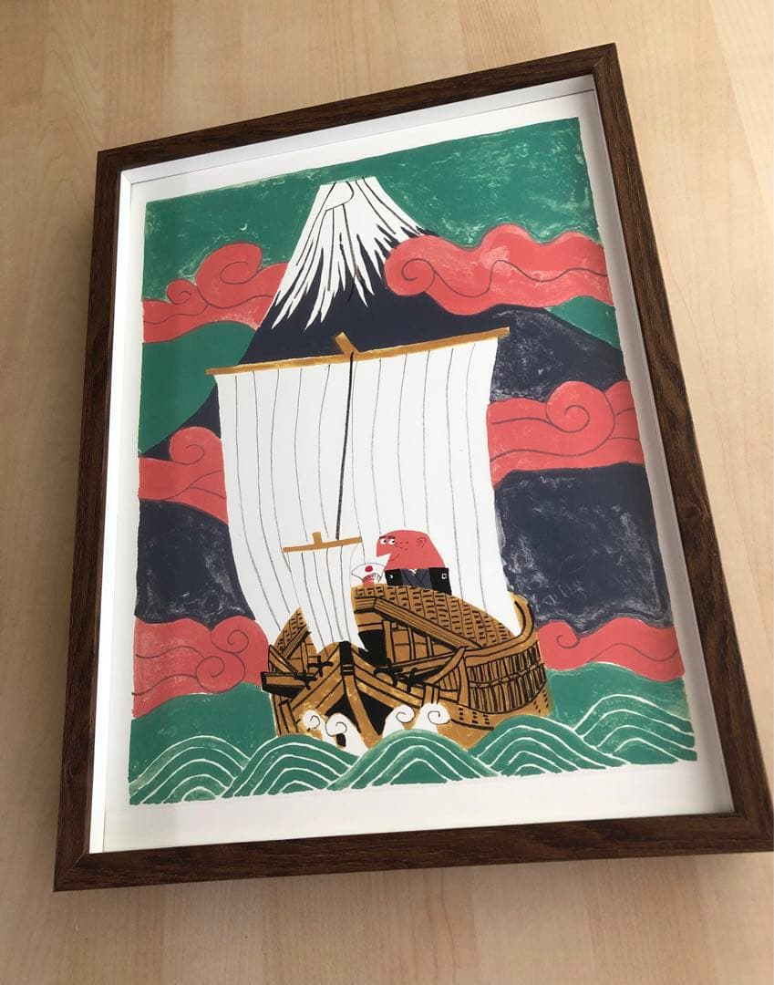 PK額装品 柳原良平 アンクル船長 紋付き袴 富士山 縁起物 A3額 ポスター風