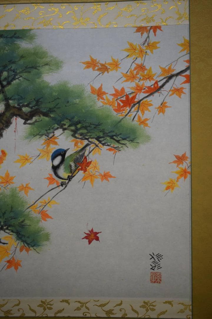 不詳/作者不詳/紅葉に小禽図/桐共箱二重箱付/布袋屋掛軸HG-354