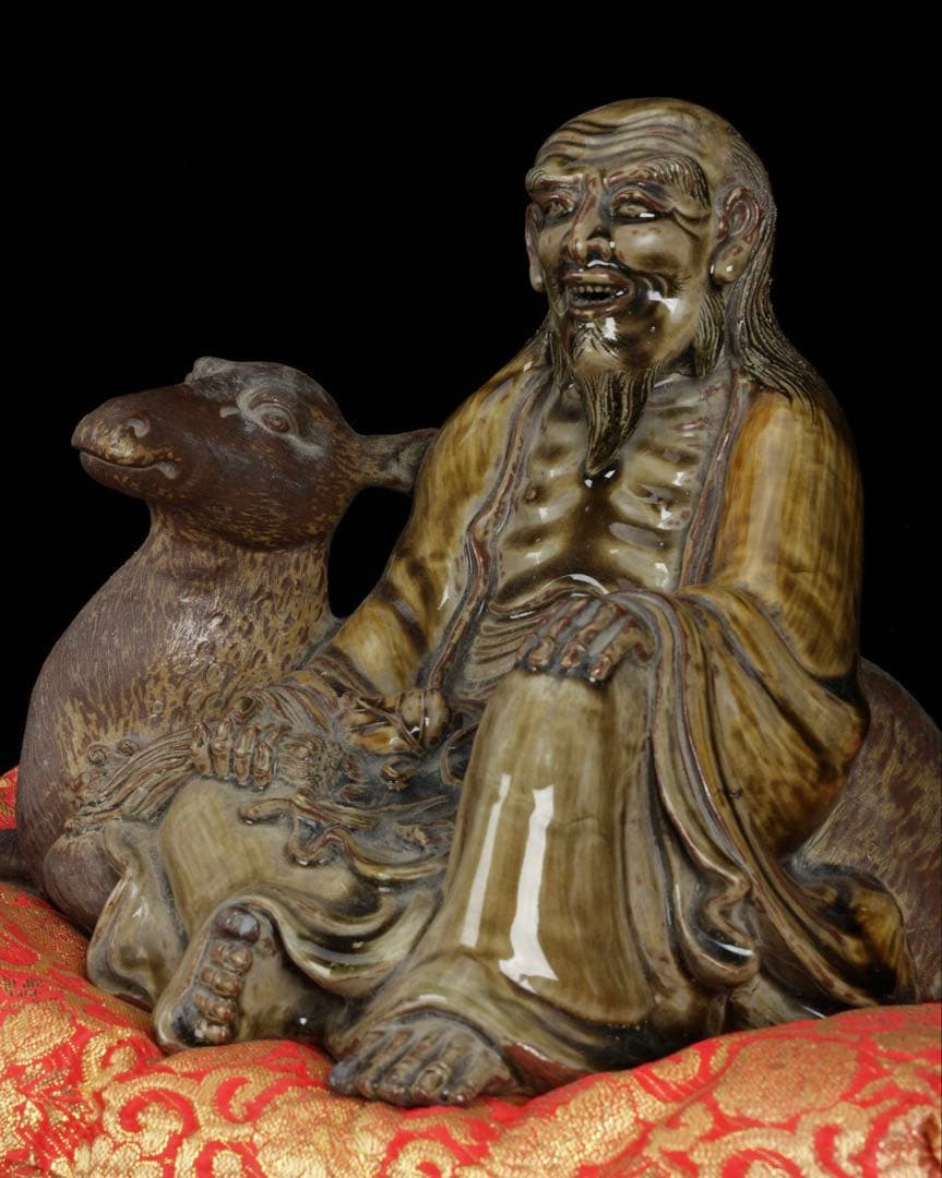 【古高取焼】鹿寿老像 七福神 長寿神 福禄寿 縁起物 置物 陶磁器 古作 共箱付